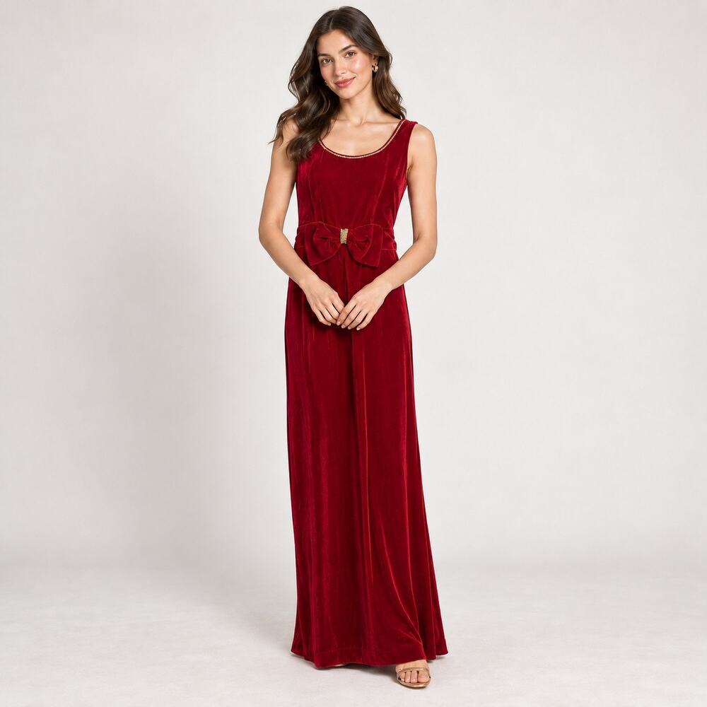 Vintage 1960s Red Velvet Maxi Dress XS Bow Waist Sequin Trim Metal Zip